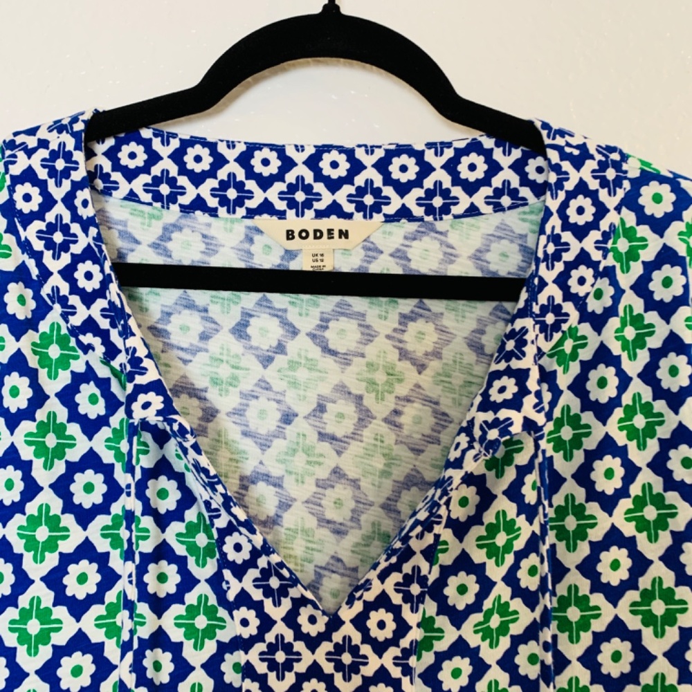 Boden Geometric Top US 12 Blue Green Tassel Tie Long Sleeve Preppy Casual Cotton - Picture 3 of 14